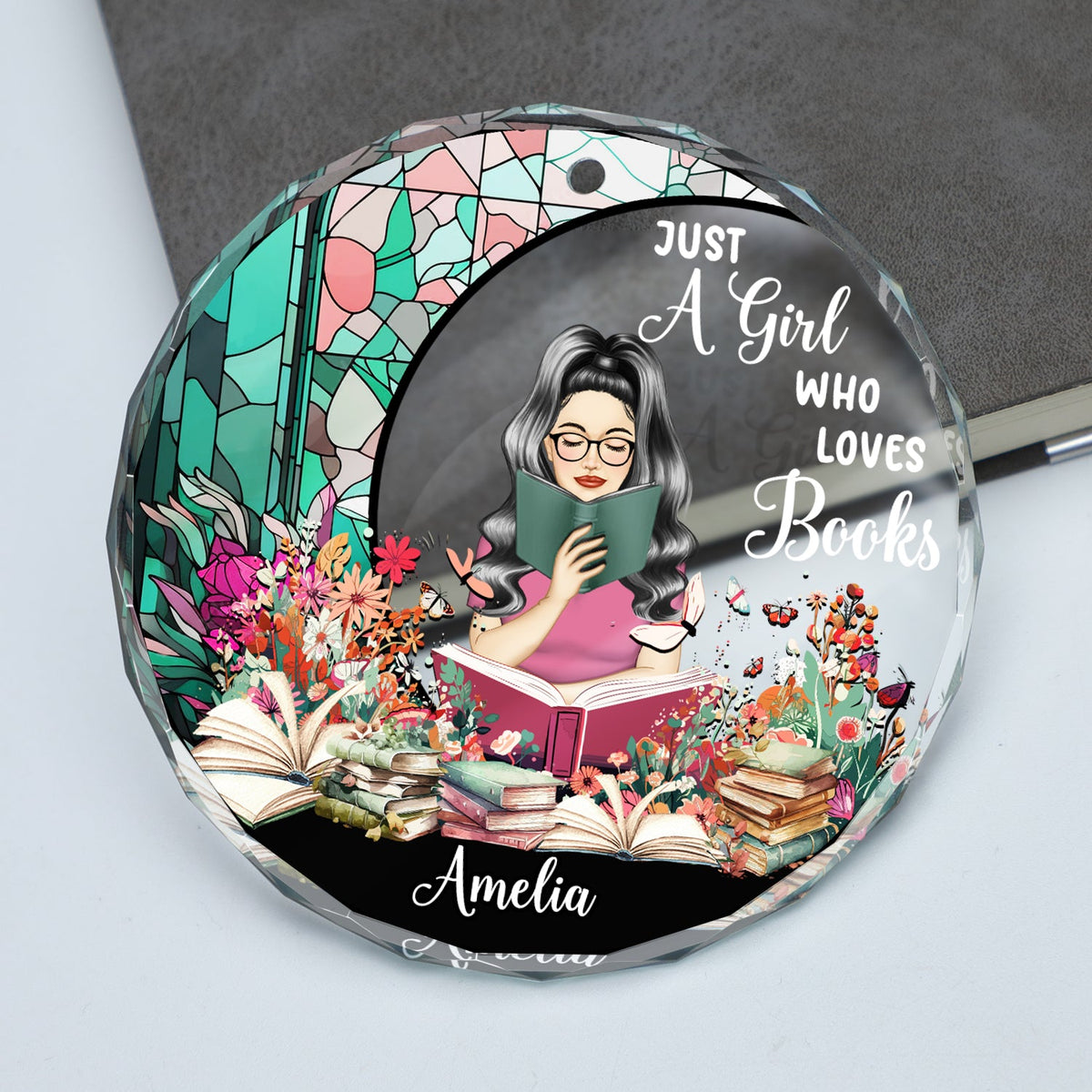 Reading Girl Who Loves Books - Personalized Circle Glass Ornament