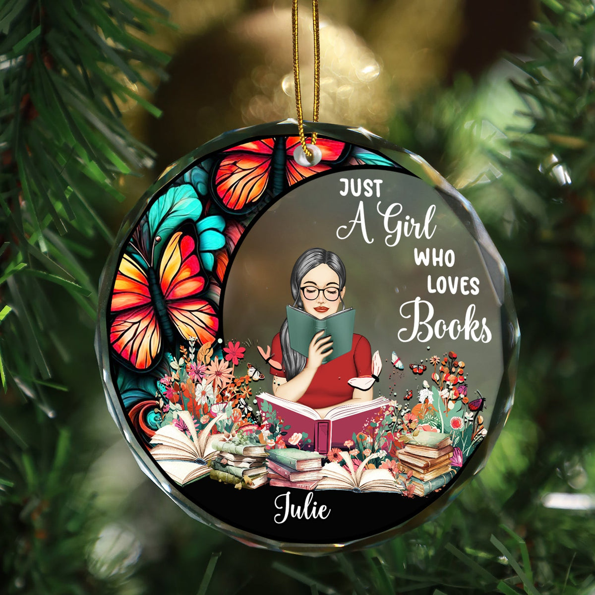 Reading Girl Who Loves Books - Personalized Circle Glass Ornament