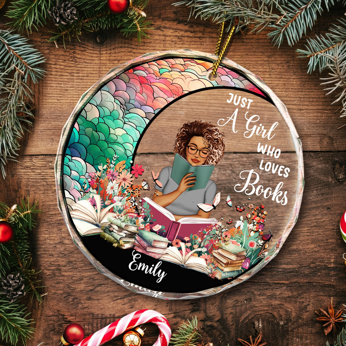 Reading Girl Who Loves Books - Personalized Circle Glass Ornament