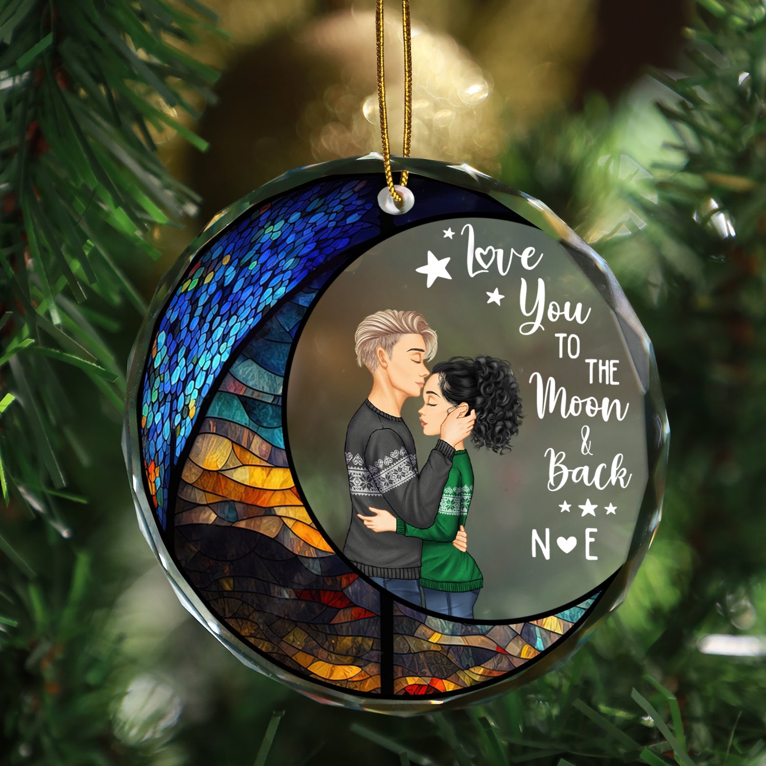 Moon & Back - Christmas Gift For Couples - Personalized Circle Glass Ornament