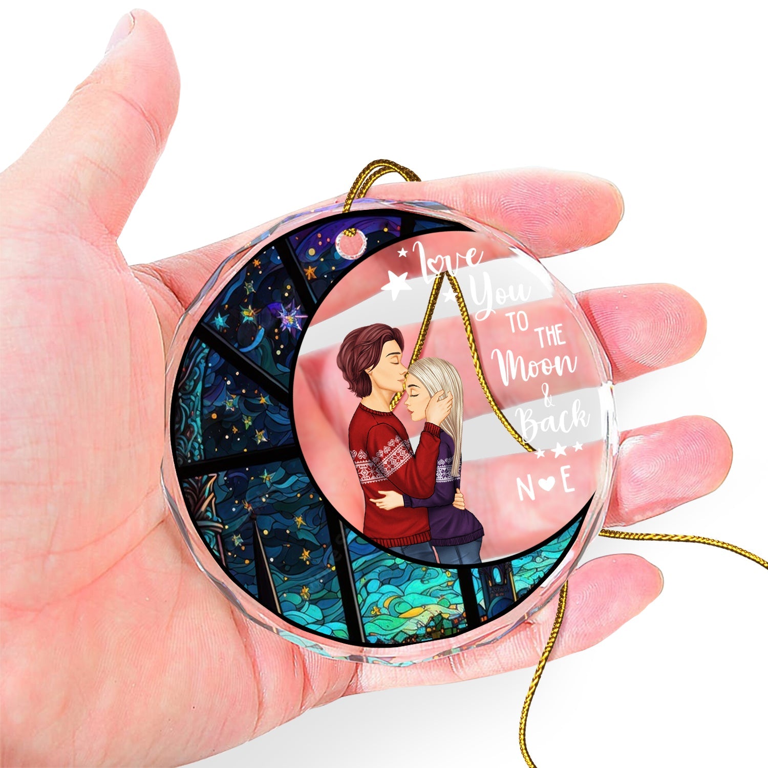 Moon & Back - Christmas Gift For Couples - Personalized Circle Glass Ornament