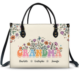 Mom Grandma Floral - Gift For Mother, Grandmother - Personalized Leather Bag