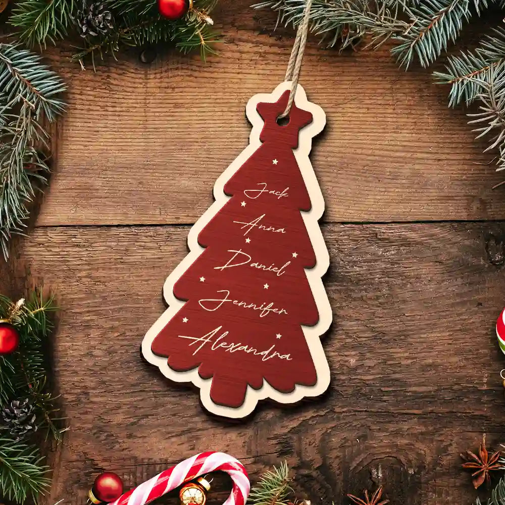 Family Bestie Coworker Names Christmas Tree - Personalized 2-Layered Wooden Ornament