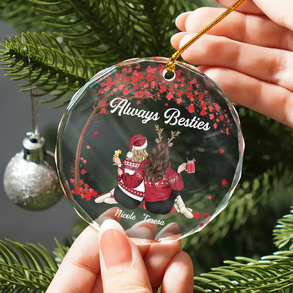 Christmas,Gift For Bestie,Gift For Sisters,Gift For Sibling,Happy - Besties Sisters Forever - Personalized Circle Glass Ornament