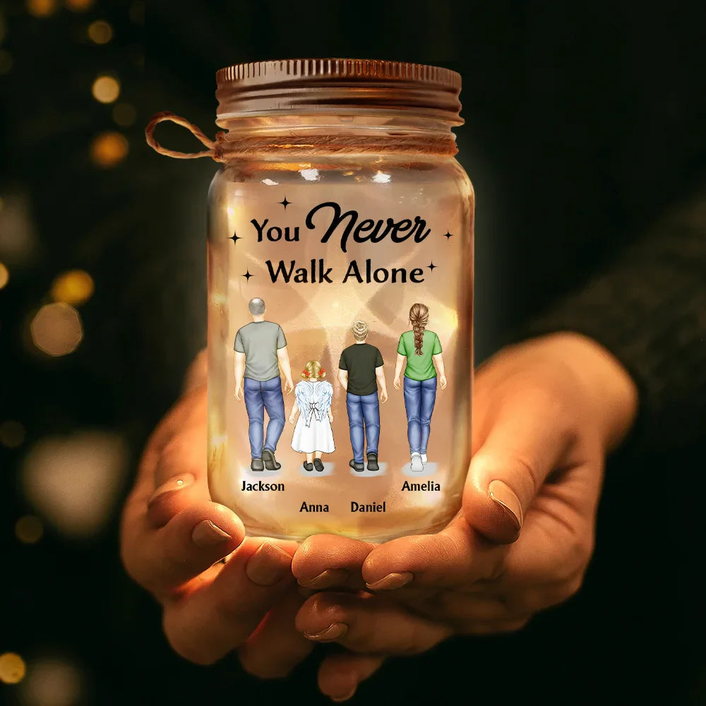 Memorial, Family - You Never Walk Alone - Personalized Mason Jar Light