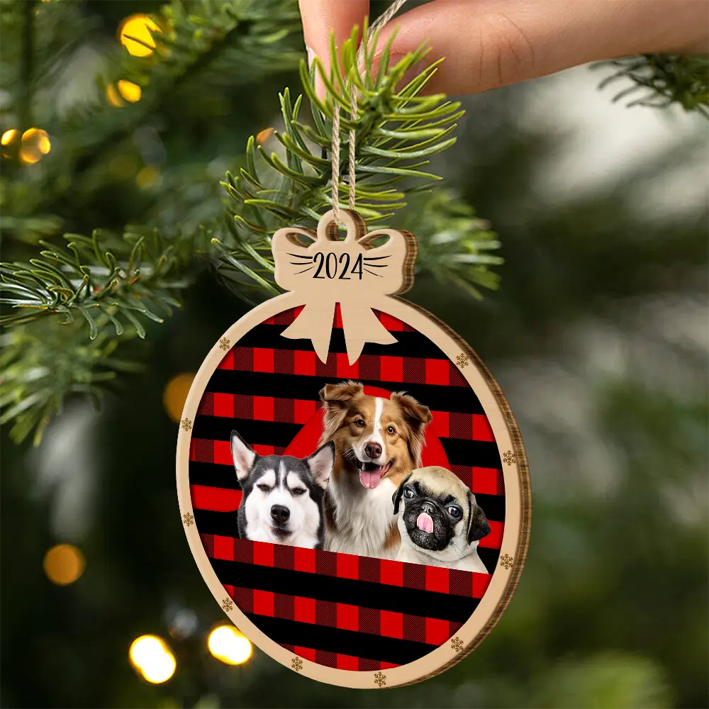 Pet Lovers, Cat Lovers, Dog Lovers - Custom Photo Christmas Plaid Dog Cat - Personalized Custom Shaped Wooden Ornament