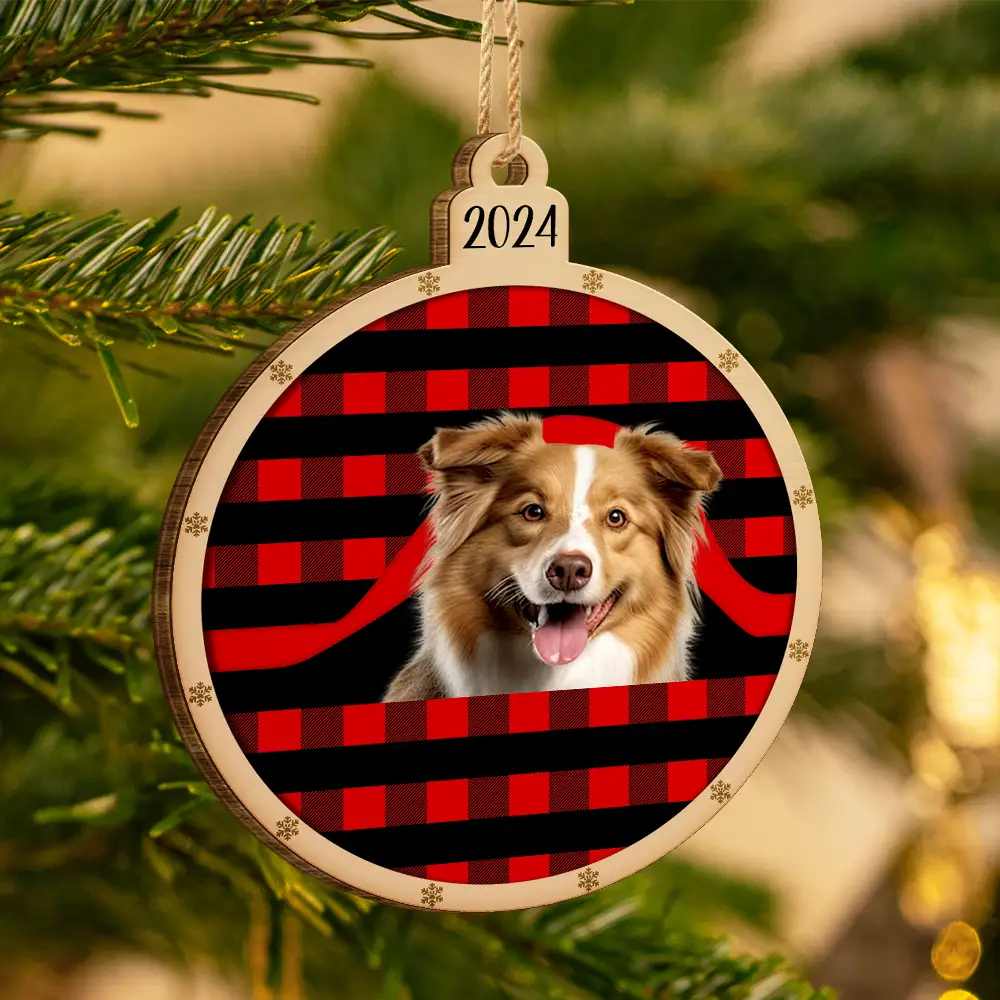 Pet Lovers, Cat Lovers, Dog Lovers - Custom Photo Christmas Plaid Dog Cat - Personalized Custom Shaped Wooden Ornament