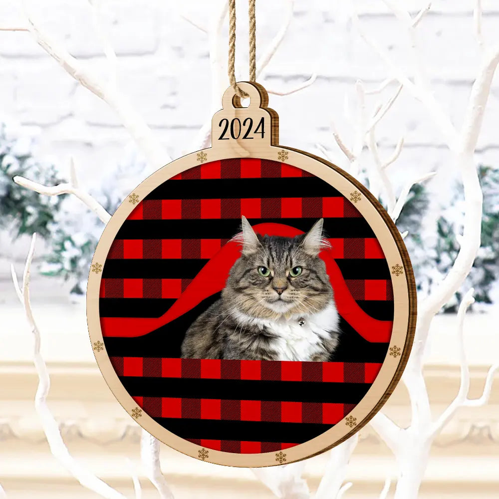 Pet Lovers, Cat Lovers, Dog Lovers - Custom Photo Christmas Plaid Dog Cat - Personalized Custom Shaped Wooden Ornament