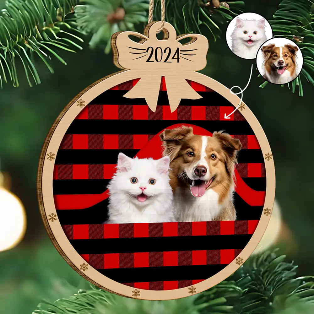 Pet Lovers, Cat Lovers, Dog Lovers - Custom Photo Christmas Plaid Dog Cat - Personalized Custom Shaped Wooden Ornament