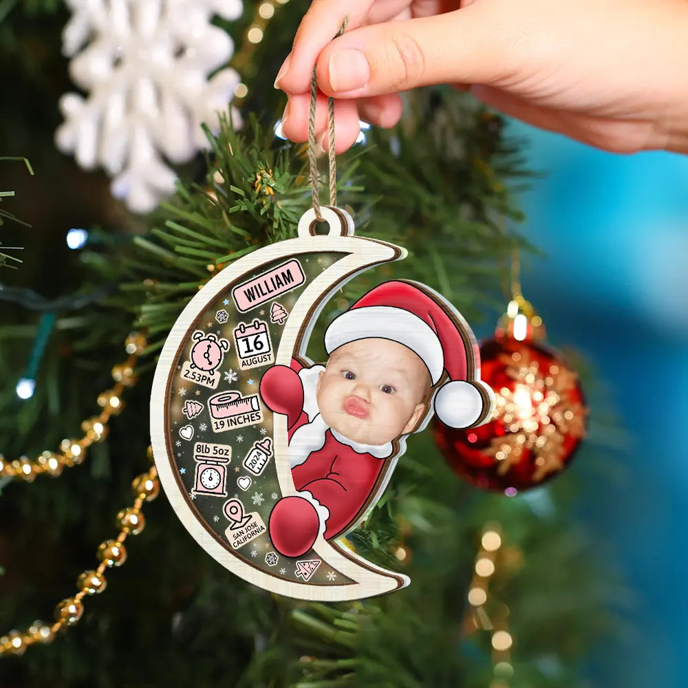 New baby, New Dad, New Mom - Custom Photo Christmas Santa Baby Birth Stats - Personalized 2-Layered Mix Ornament