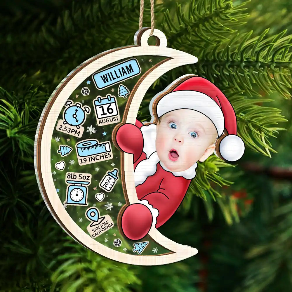 New baby, New Dad, New Mom - Custom Photo Christmas Santa Baby Birth Stats - Personalized 2-Layered Mix Ornament