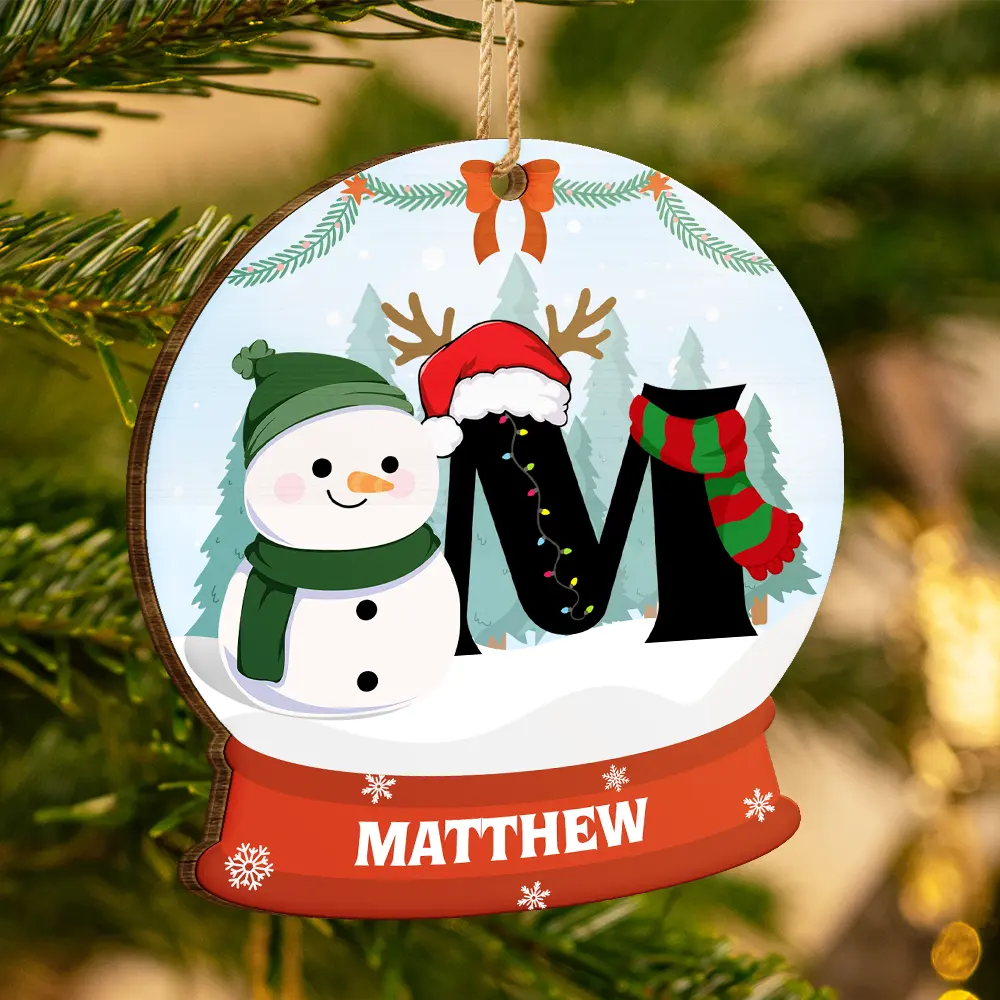 Gift For Kids - Christmas Snowman Monogram - Personalized Custom Shaped Wooden Ornament