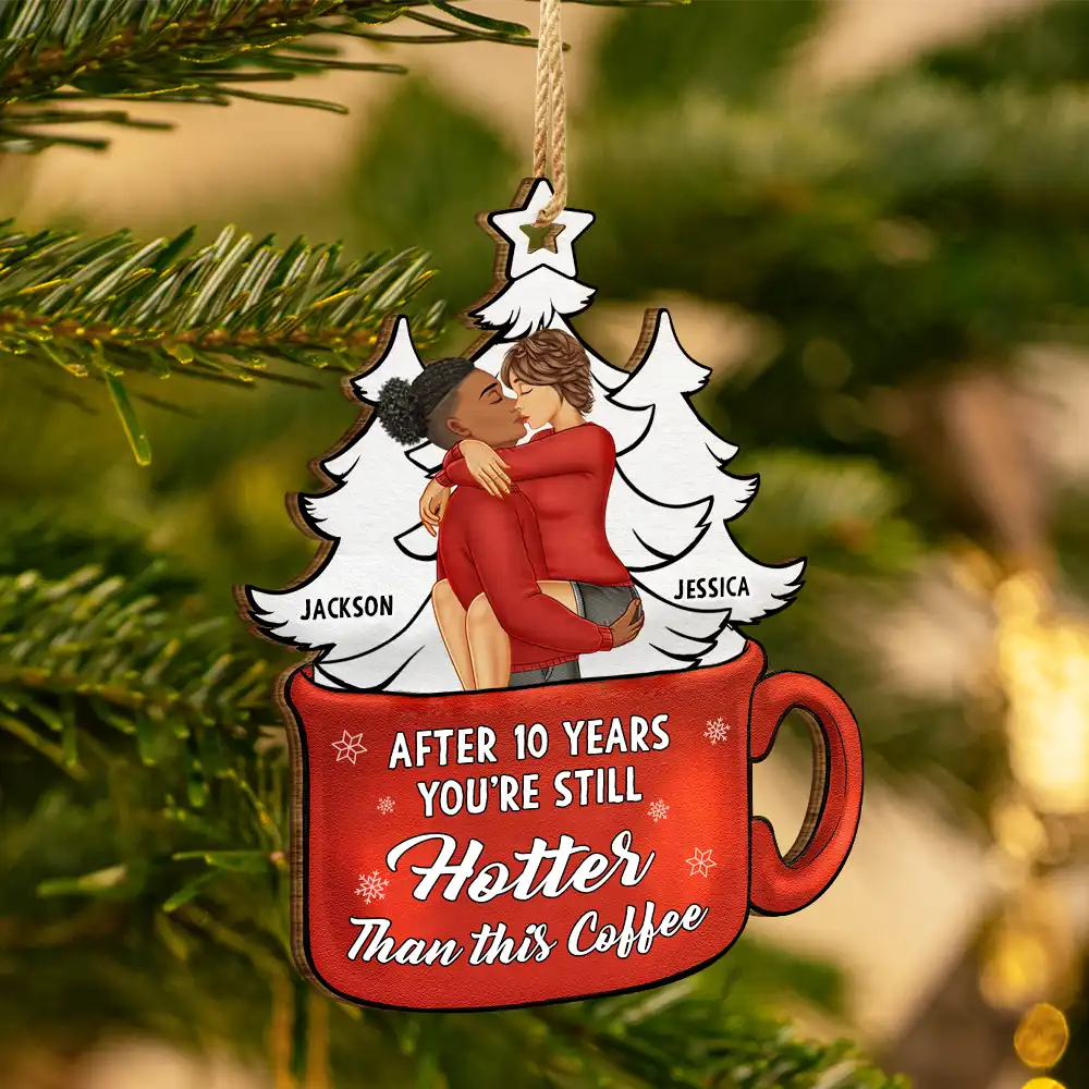 Gift For Couples, Gift For Husband, Gift For Wife, Gift For Boyfriend, Gift For Girlfriend - Christmas Couple Kissing Like This Coffee - Personalized Custom Shaped Wooden Ornament