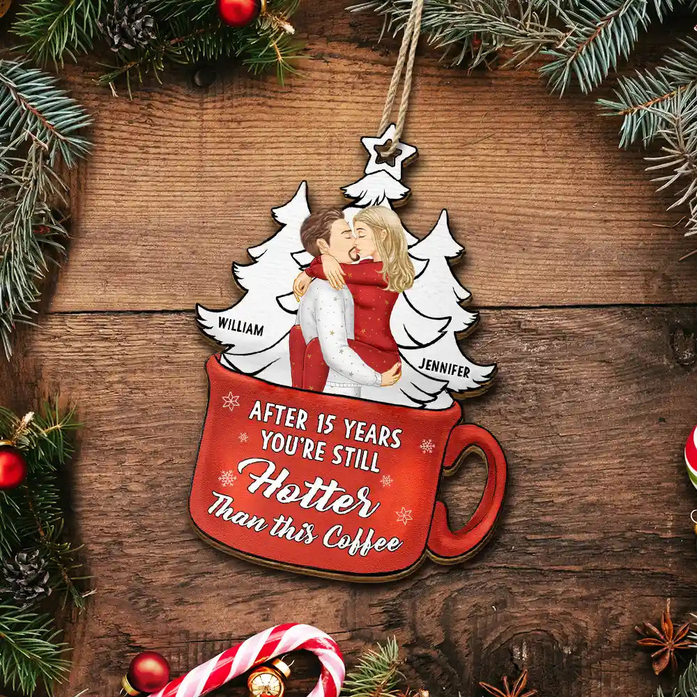 Gift For Couples, Gift For Husband, Gift For Wife, Gift For Boyfriend, Gift For Girlfriend - Christmas Couple Kissing Like This Coffee - Personalized Custom Shaped Wooden Ornament