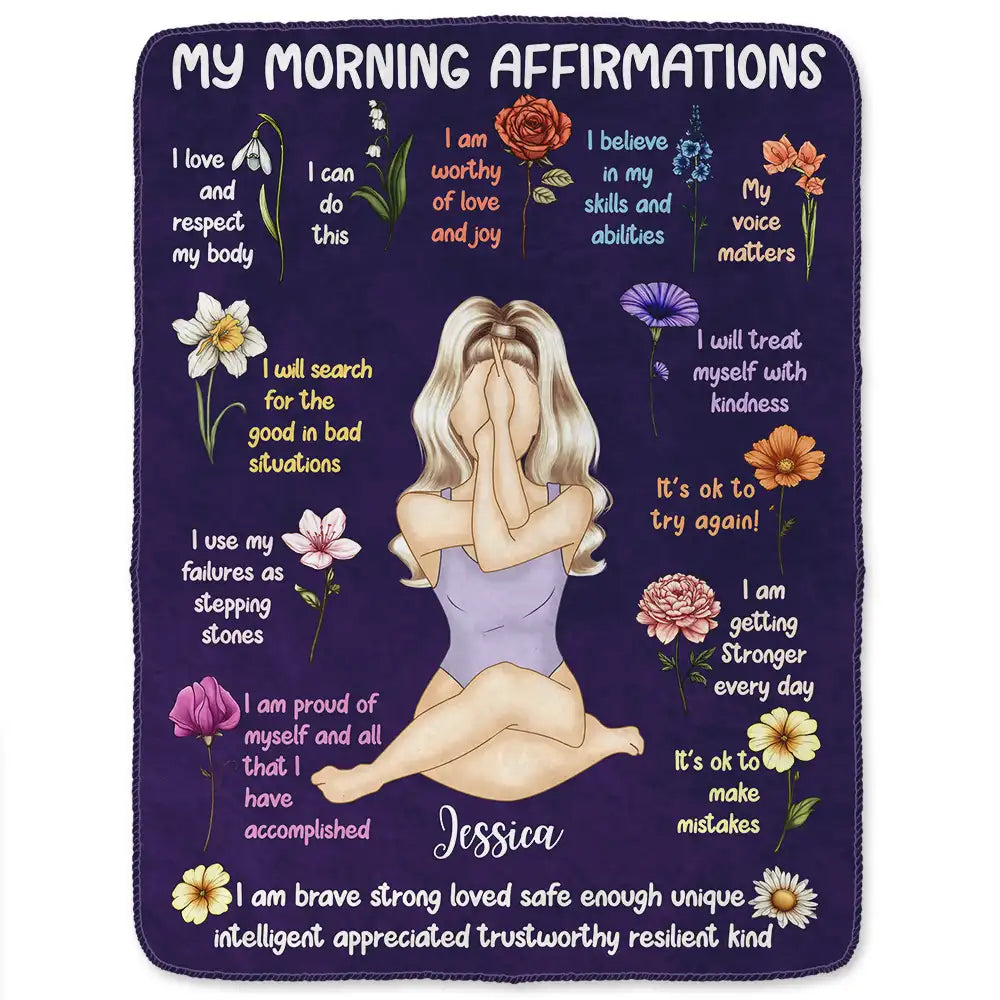 Gift For Yourself, Gift For Women - Yoga Girl My Morning Affirmations Flower - Personalized Fleece Blanket, Sherpa Blanket