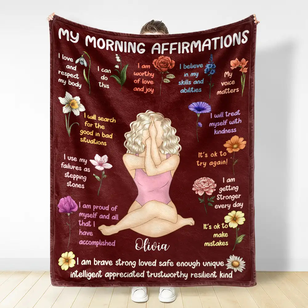 Gift For Yourself, Gift For Women - Yoga Girl My Morning Affirmations Flower - Personalized Fleece Blanket, Sherpa Blanket