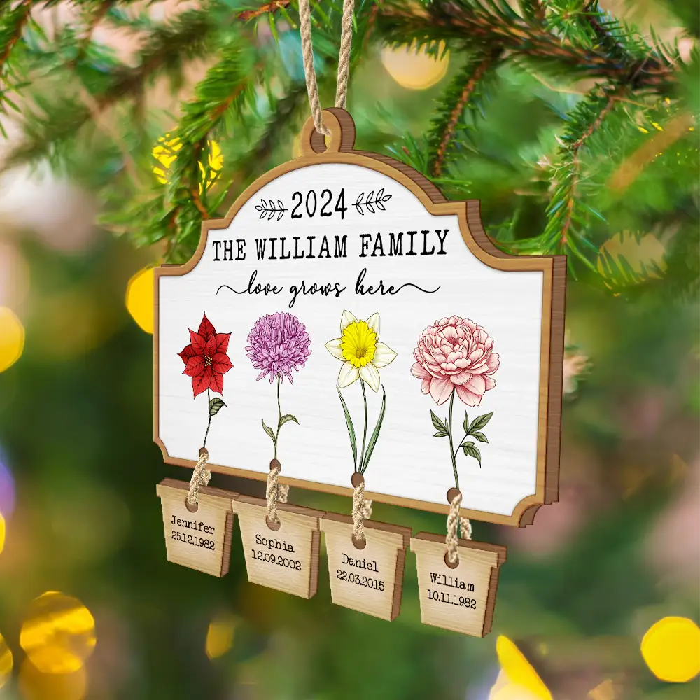 Gift For Couples,Gift For Husband,Gift For Wife,Parents,Gift For Grandma,Gift For Mother,Gift For Father,Gift For Grandpa,Gift For Grandparents,Gift For Daughter,Gift For Son,Gift For Sibling,Gift For Sisters,Gift For Brothers,Family - Birth Flower Love Grows Here - Personalized Wooden Ornament With Wooden Tag
