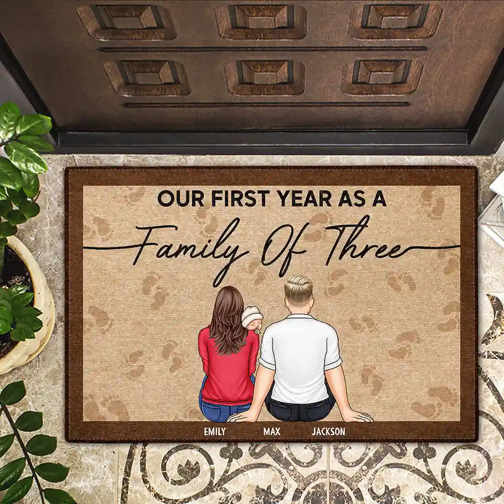 Family, New baby, New Dad, New Mom - Our First Year As A Family Backside - Personalized Doormat
