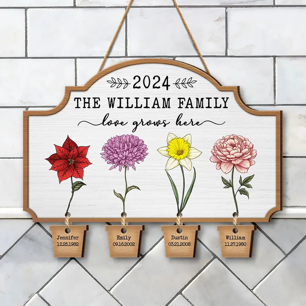 Gift For Couples, Gift For Husband, Gift For Wife, Parents, Gift For Grandma, Gift For Mother, Gift For Father, Gift For Grandpa, Gift For Grandparents, Family, Gift For Daughter, Gift For Son, Gift For Sibling, Gift For Sisters, Gift For Brothers - Birth Flower Love Grows Here - Personalized Custom Shaped Wood Sign With Wooden Tags