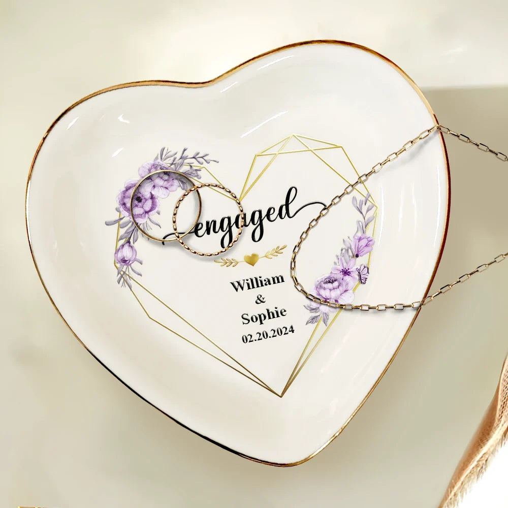 Gift For Couples, Gift For Wife, Gift For Husband, Engaged, Married - Engaged Married Couple Flower - Personalized Heart Ring Dish
