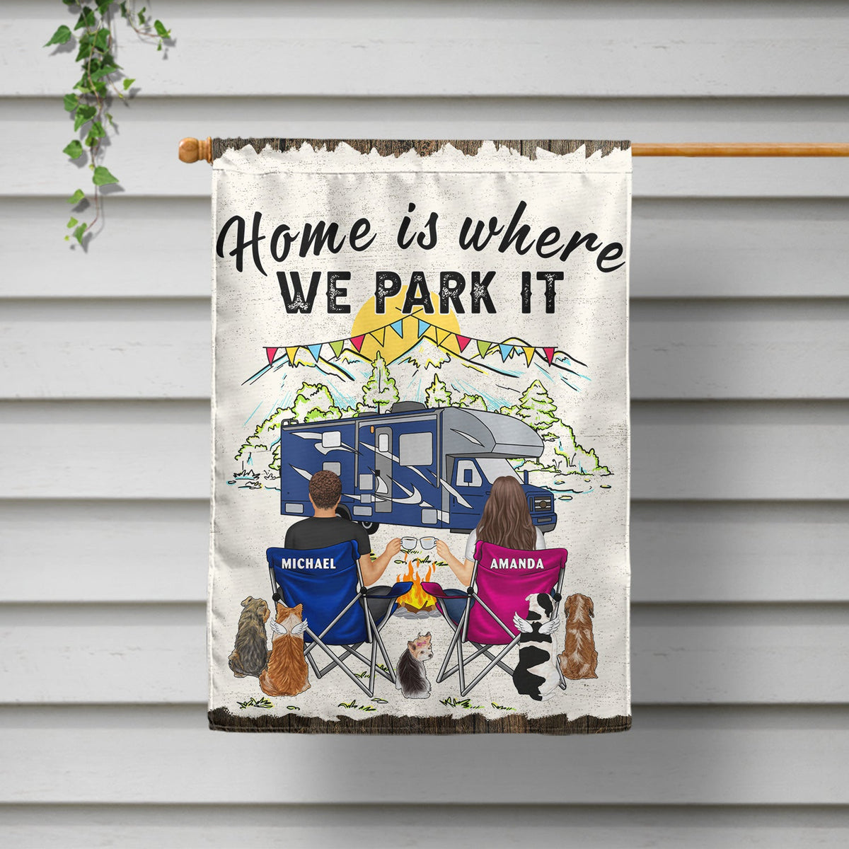 You & Me And The Dog Home Is Where - Gift For Camping Couples - Personalized Flag