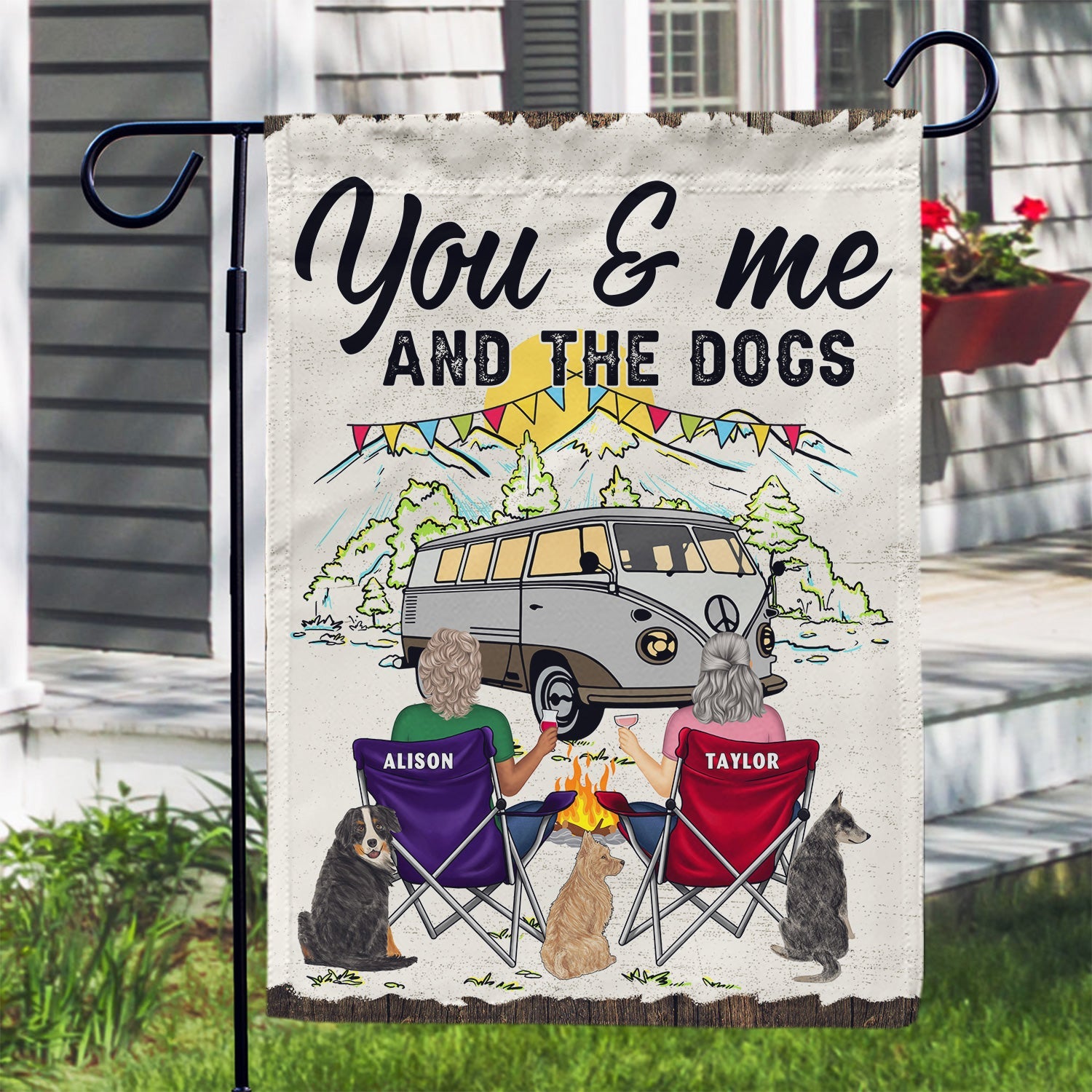 You & Me And The Dog Home Is Where - Gift For Camping Couples - Personalized Flag