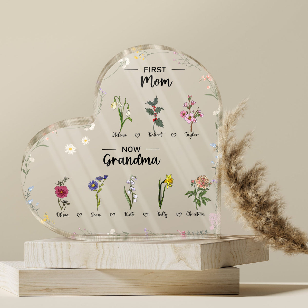 First Mom Now Grandma - Gift For Mom - Personalized Heart Shaped Acrylic Plaque