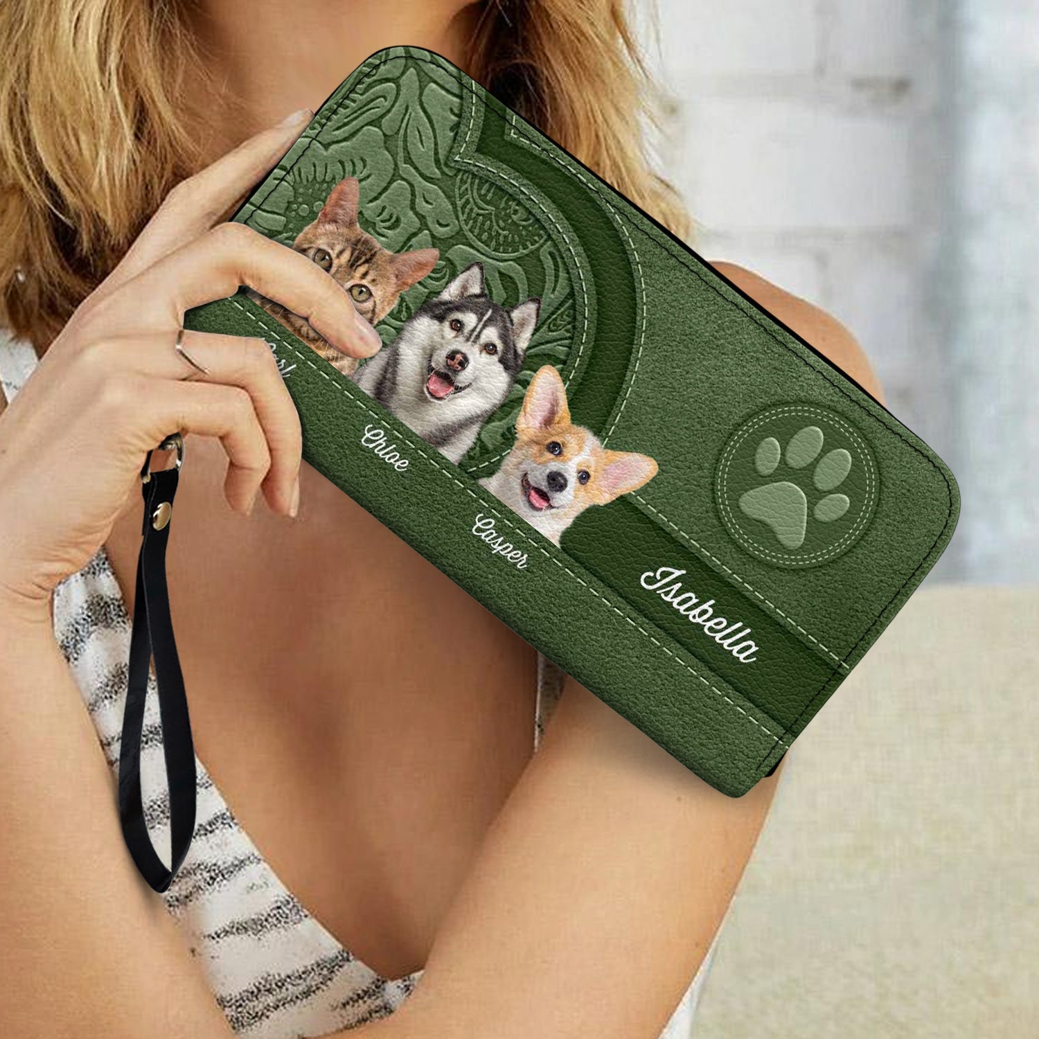 Custom Photo Cute Pets Aesthetic Pattern - Birthday, Loving Gift For Dog Lovers, Cat Lovers, Dog Mom, Cat Mom - Personalized Leather Long Wallet