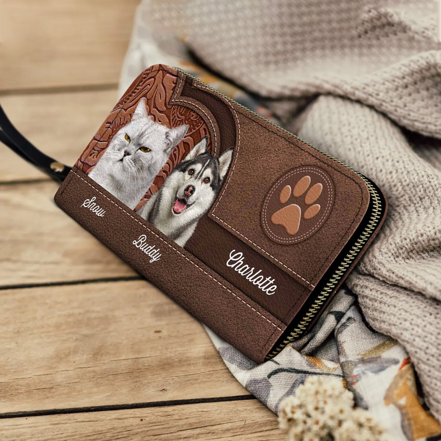 Custom Photo Cute Pets Aesthetic Pattern - Birthday, Loving Gift For Dog Lovers, Cat Lovers, Dog Mom, Cat Mom - Personalized Leather Long Wallet