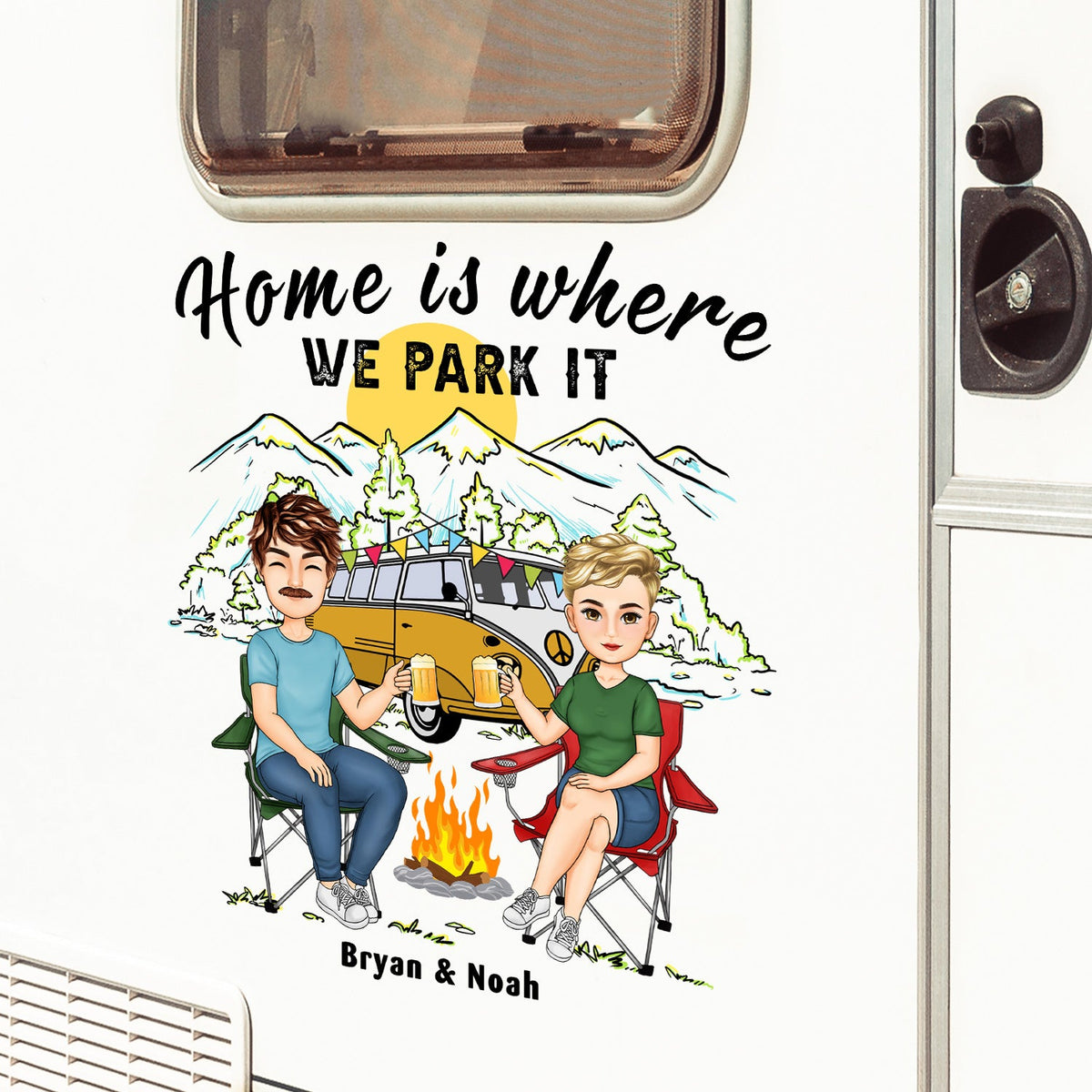 Home Is Where We Park It Cartoon - Gift For Camping Couples - Personalized Camping Decal, Decor Decal