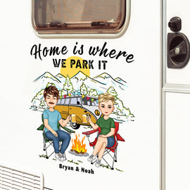 Home Is Where We Park It Cartoon - Gift For Camping Couples - Personalized Camping Decal, Decor Decal