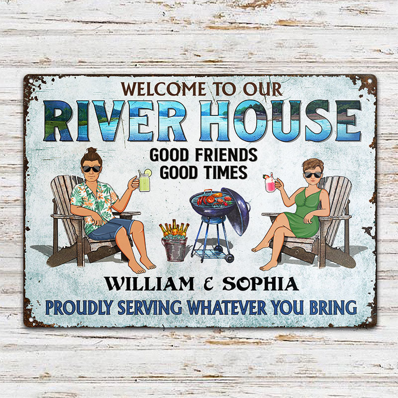 Poolside Grilling Listen To The Good Music Couple Husband Wife - Backyard Sign - Personalized Custom Classic Metal Signs