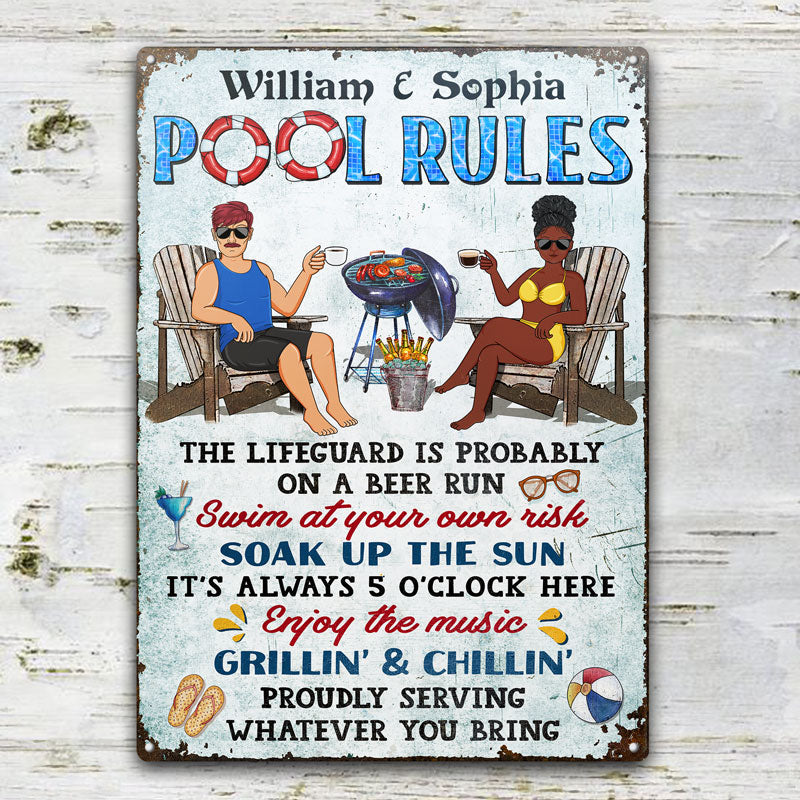 Pool Rules Swim At Your Own Risk Grilling Couple Husband Wife - Backyard Sign - Personalized Custom Classic Metal Signs