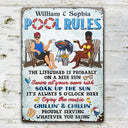 Pool Rules Swim At Your Own Risk Grilling Couple Husband Wife - Backyard Sign - Personalized Custom Classic Metal Signs