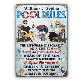 Pool Rules Swim At Your Own Risk Grilling Couple Husband Wife - Backyard Sign - Personalized Custom Classic Metal Signs