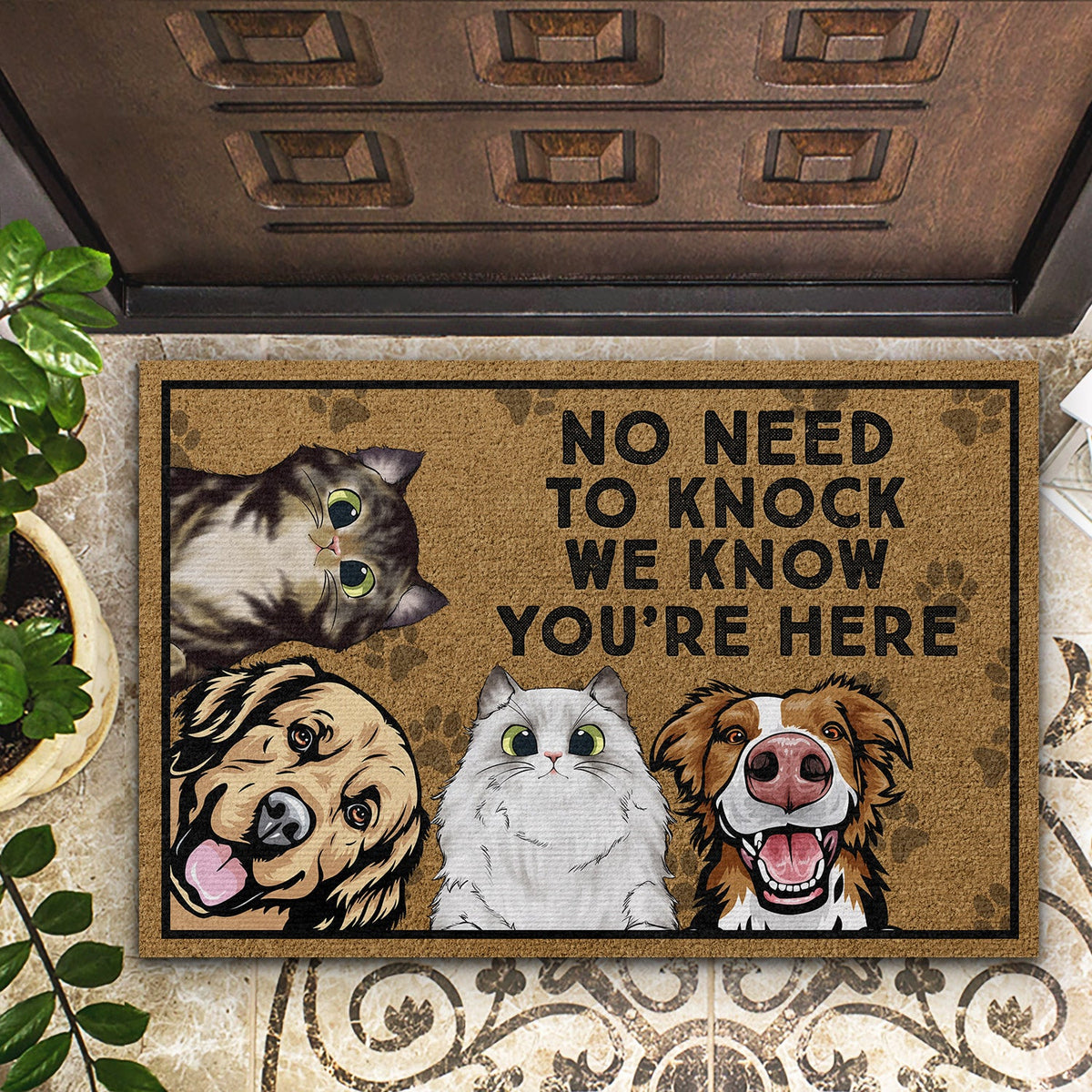 No Need To Knock We Know You're Here - Home Decor, Birthday, Housewarming Gift For Dog Lovers & Cat Lovers - Personalized Custom Doormat