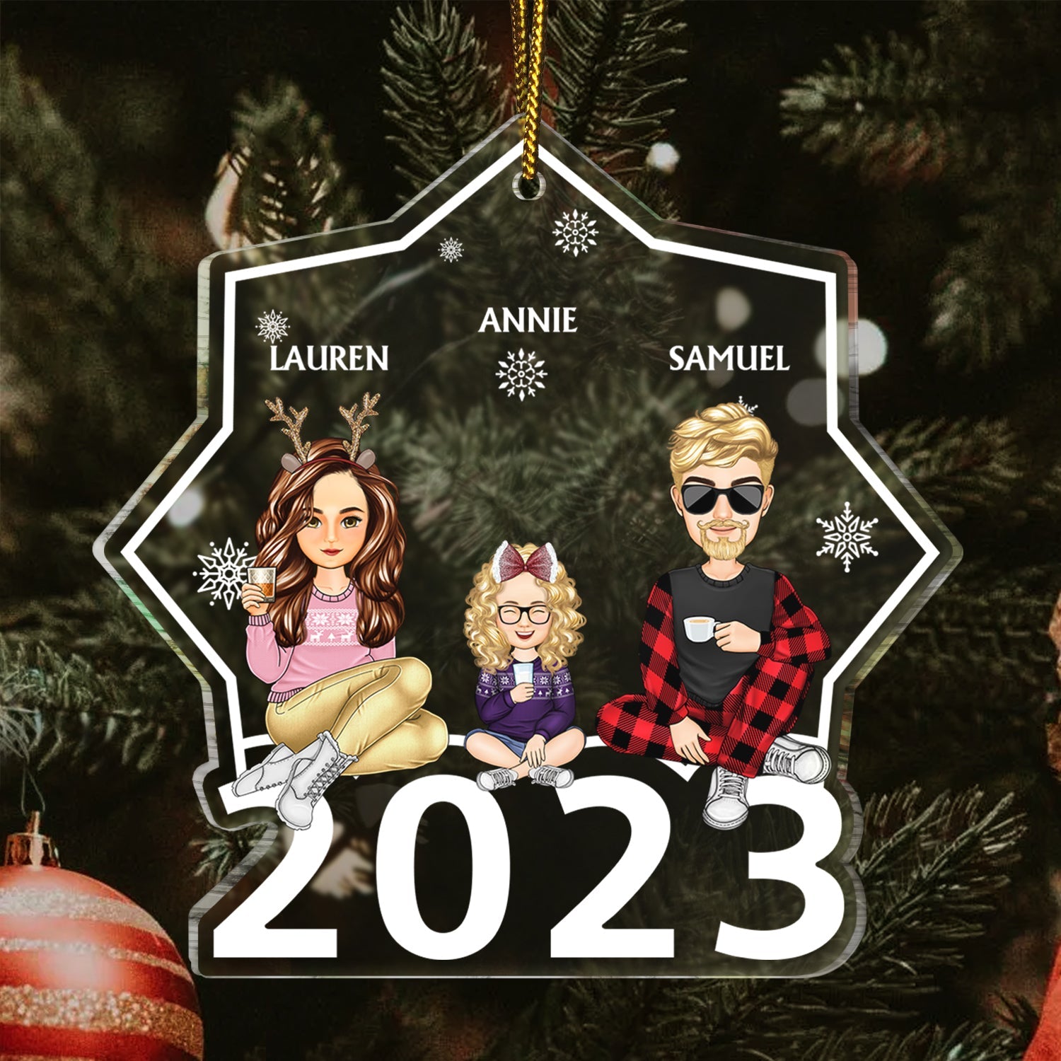 Cartoon Style 2023 - Christmas, Lovely Gift For Bestie, Family, Couple, Dad, Mom, Grandpa, Grandma - Personalized Custom Shaped Acrylic Ornament