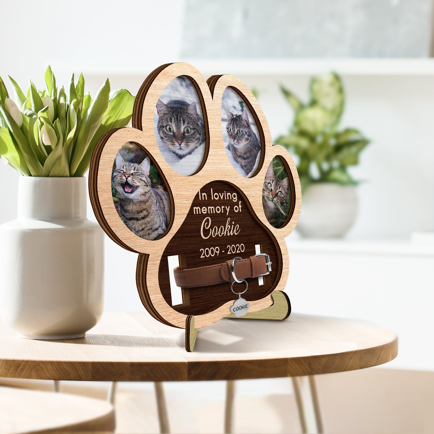 Custom Photo Paw Shape In Loving Memory - Memorial Gift For Dog Lover, Cat Mom, Pet Loss - Personalized 2-Layered Wooden Plaque With Stand