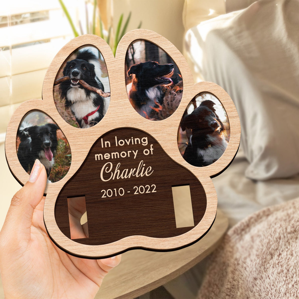 Custom Photo Paw Shape In Loving Memory - Memorial Gift For Dog Lover, Cat Mom, Pet Loss - Personalized 2-Layered Wooden Plaque With Stand