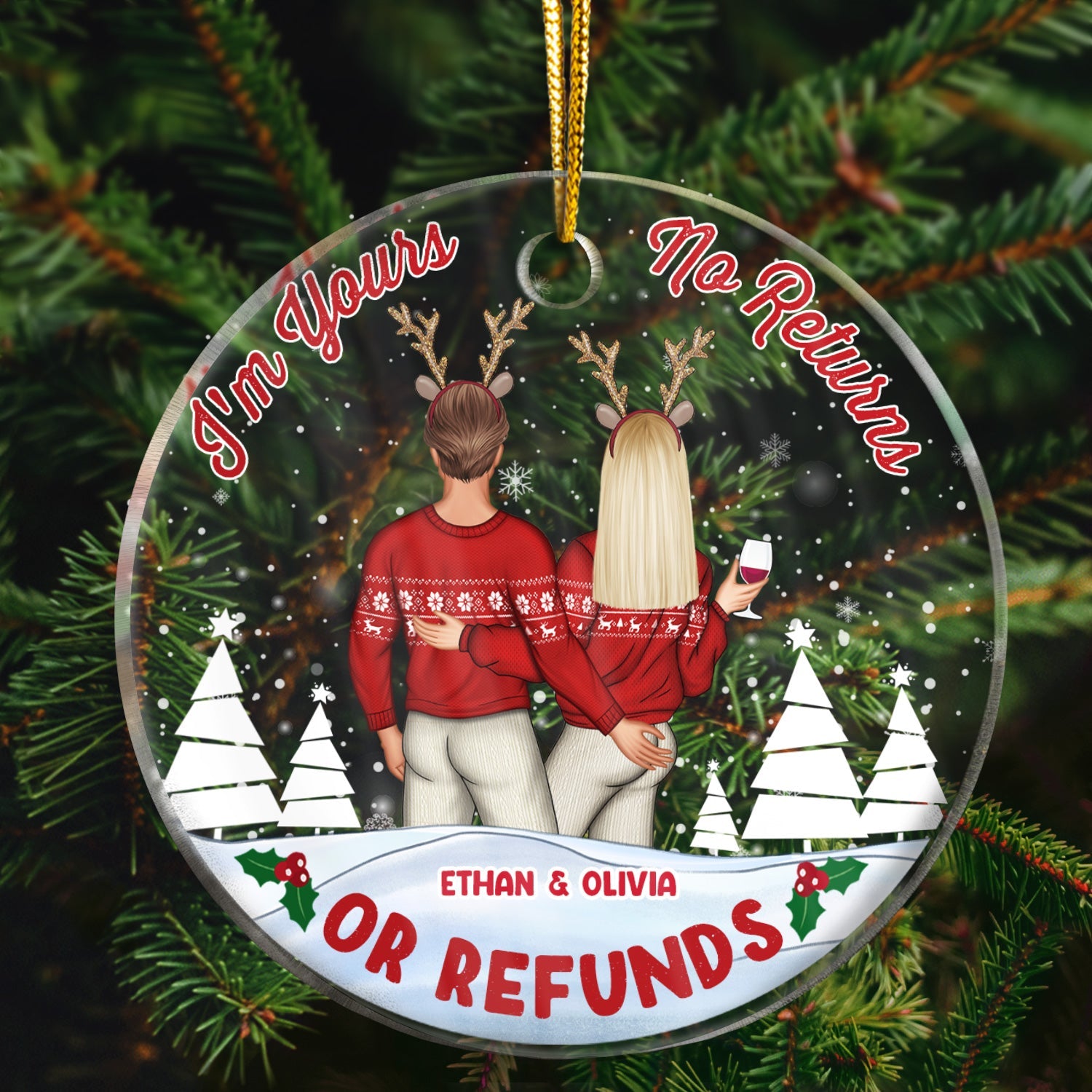 Christmas Couple I'm Yours No Return - Personalized Custom Circle Acrylic Ornament