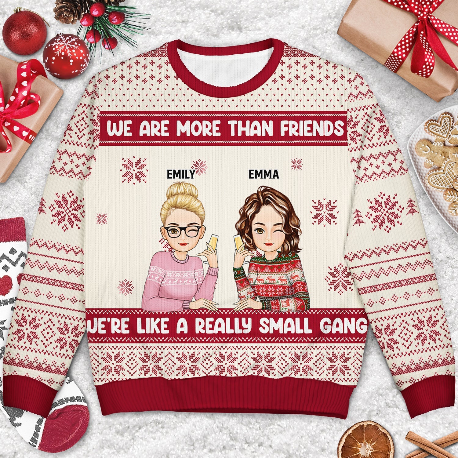 Christmas Bestie Cartoon Drinking Really Small Gang - Gift For Bestie - Personalized Unisex Ugly Sweater