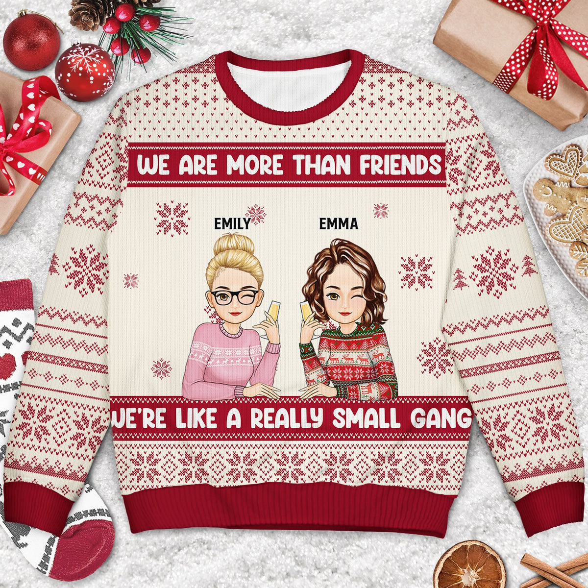 Christmas Bestie Cartoon Drinking Really Small Gang - Gift For Bestie - Personalized Unisex Ugly Sweater