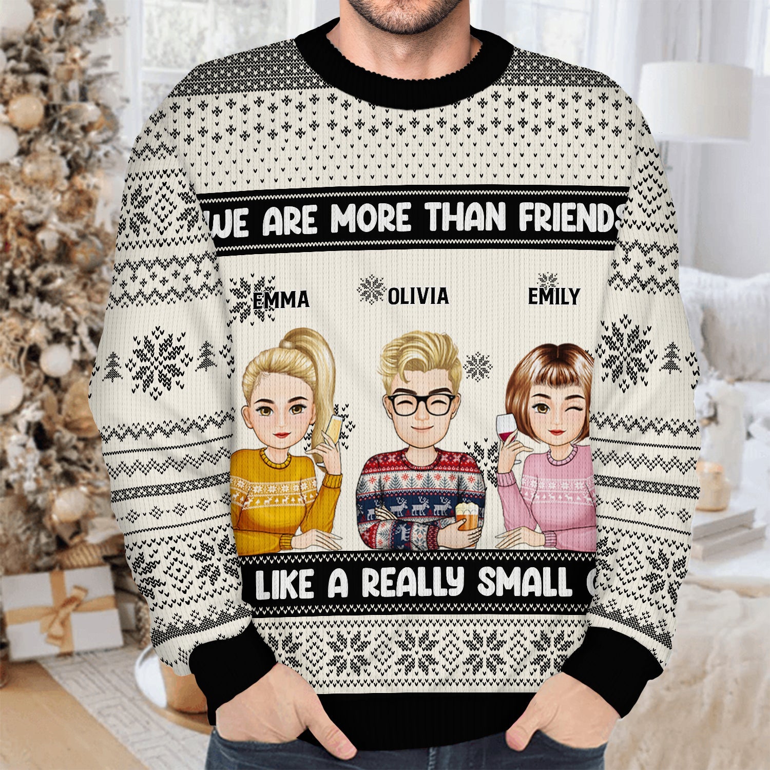 Christmas Bestie Cartoon Drinking Really Small Gang - Gift For Bestie - Personalized Unisex Ugly Sweater