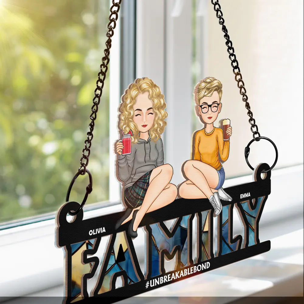 Cartoon Family Forever Unbreakable Bond - Personalized Window Hanging Suncatcher Ornament