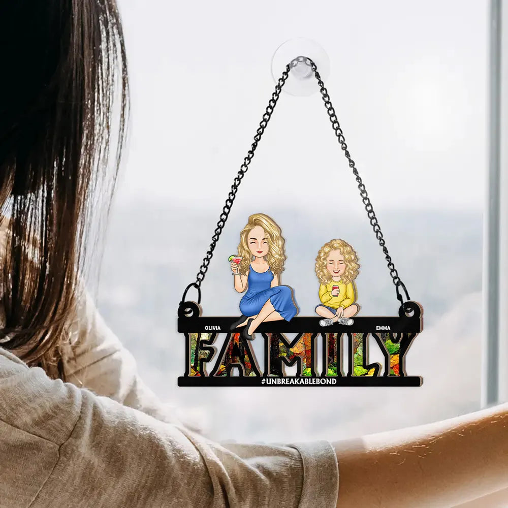 Cartoon Family Forever Unbreakable Bond - Personalized Window Hanging Suncatcher Ornament