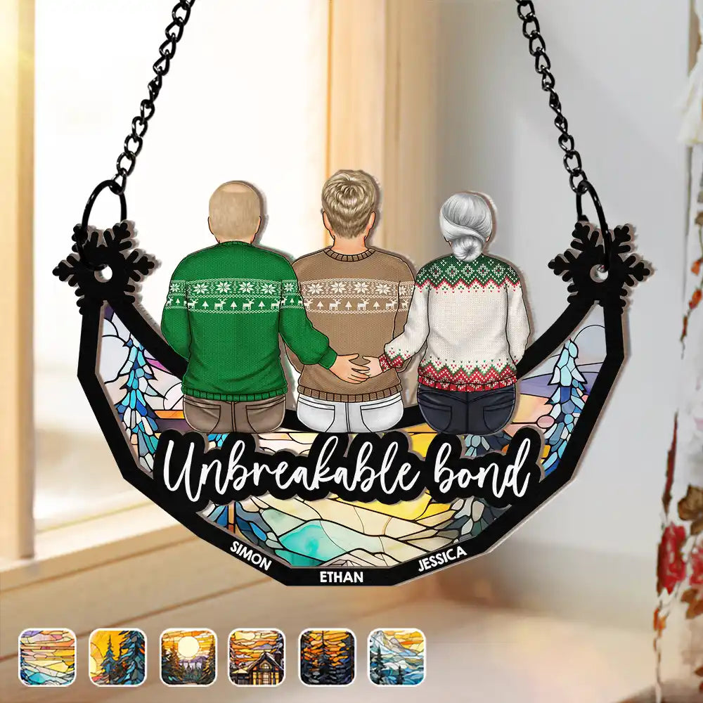 Christmas Family Forever Unbreakable Bond Sitting On Moon - Personalized Window Hanging Suncatcher Ornament