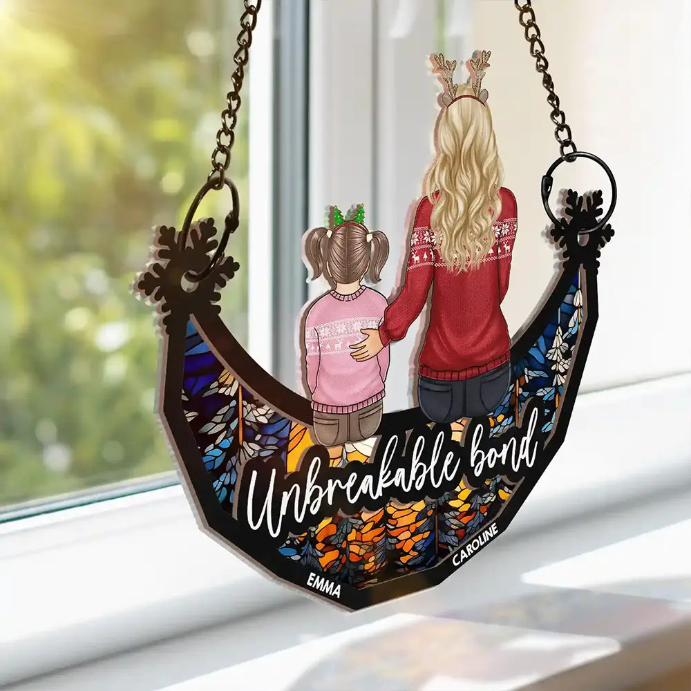 Christmas Family Forever Unbreakable Bond Sitting On Moon - Personalized Window Hanging Suncatcher Ornament