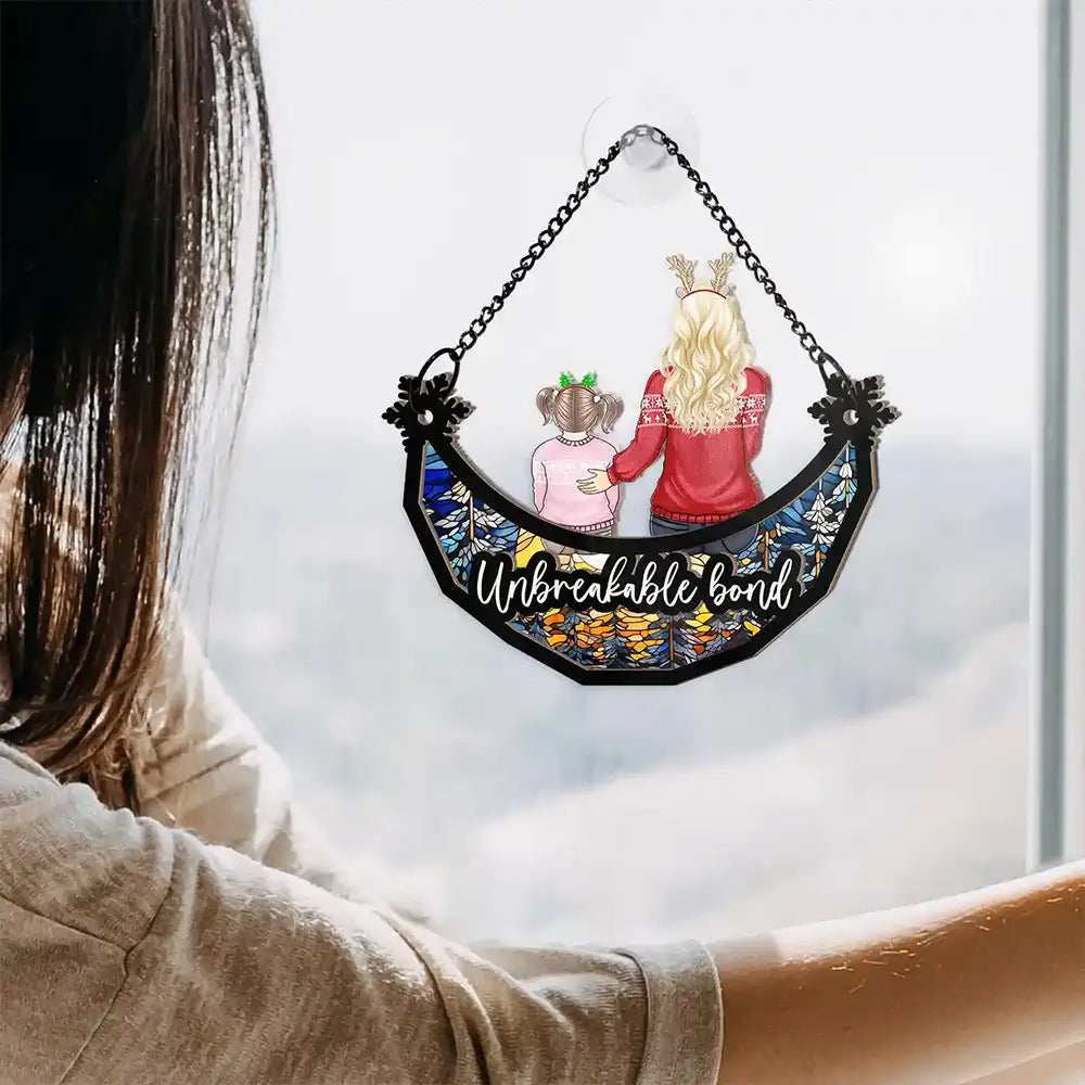 Christmas Family Forever Unbreakable Bond Sitting On Moon - Personalized Window Hanging Suncatcher Ornament