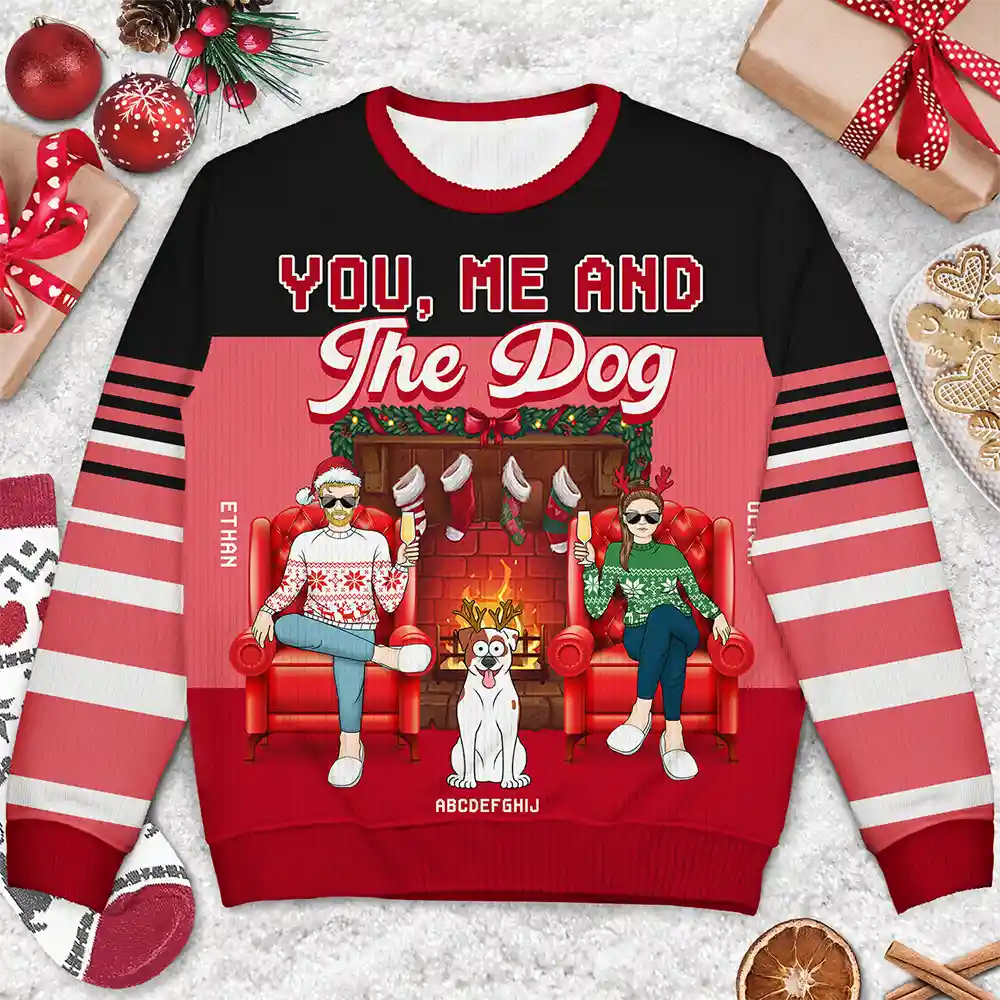 Fireplace You, Me And The Dog - Personalized Unisex Ugly Sweater