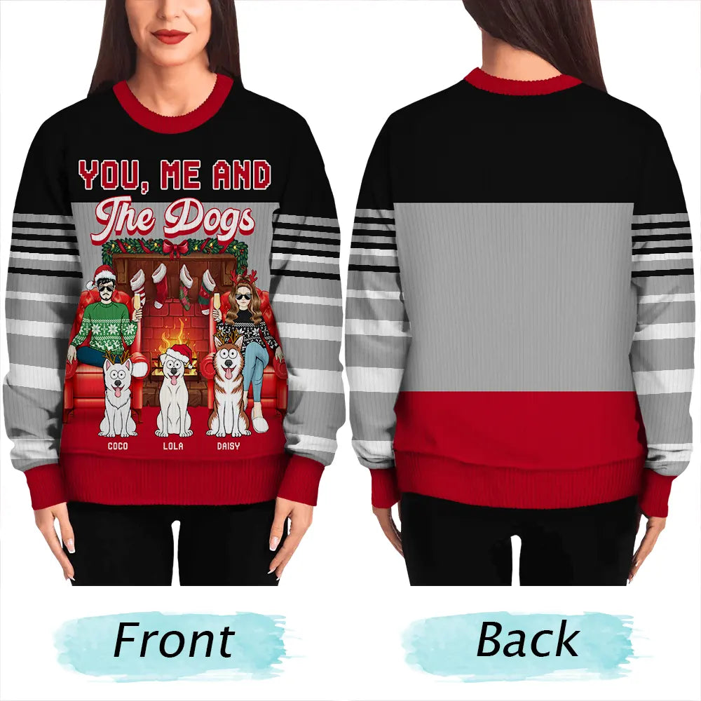 Fireplace You, Me And The Dog - Personalized Unisex Ugly Sweater